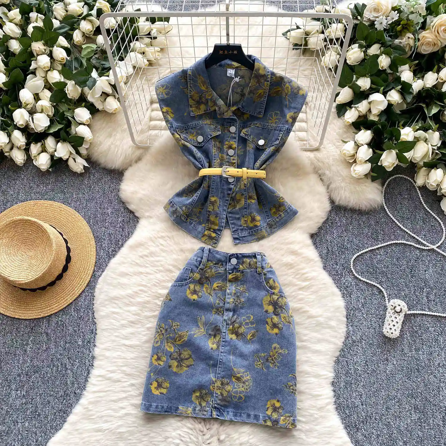 Summer Women's Denim Skirt Set Turn Down Collar Print Sleeveless Top Cardigan Shirt Slim Denim Package Hip Short Skirts