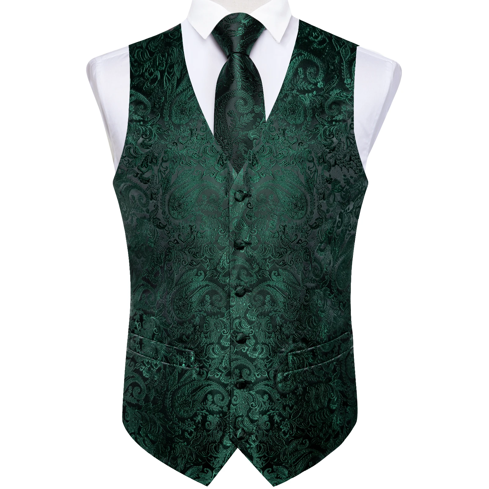 Fashion Green Paisley Vest for Man Business Wedding Party Classic Men\'s Sleeveless Waistcoat Pocket Square Sets Chaleco Hombre