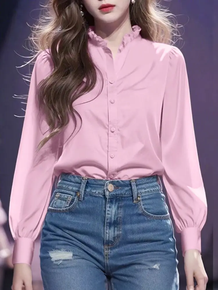 VONDA エレガントな女性用オフィスレディシャツ 2025年秋 長袖トップス ボタン付き スタンドカラー 無地 韓国風ブラウス カジュアル パーティーブラウス