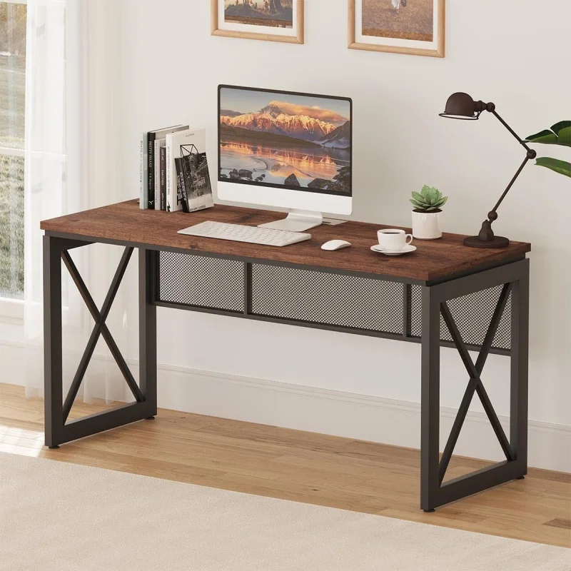 60 Industrial Farmhouse Computer Desk, Rustic Oak Metal Wood Large Writing & Gaming Desk Home Office