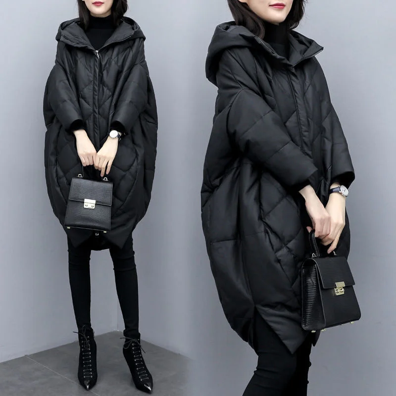 Cocoon-type Cotton Padded Jacket Nice Pop Winter Jackets Mid-length Parkas Coat Female Loose Pu Leather Cloak Outerwear Black