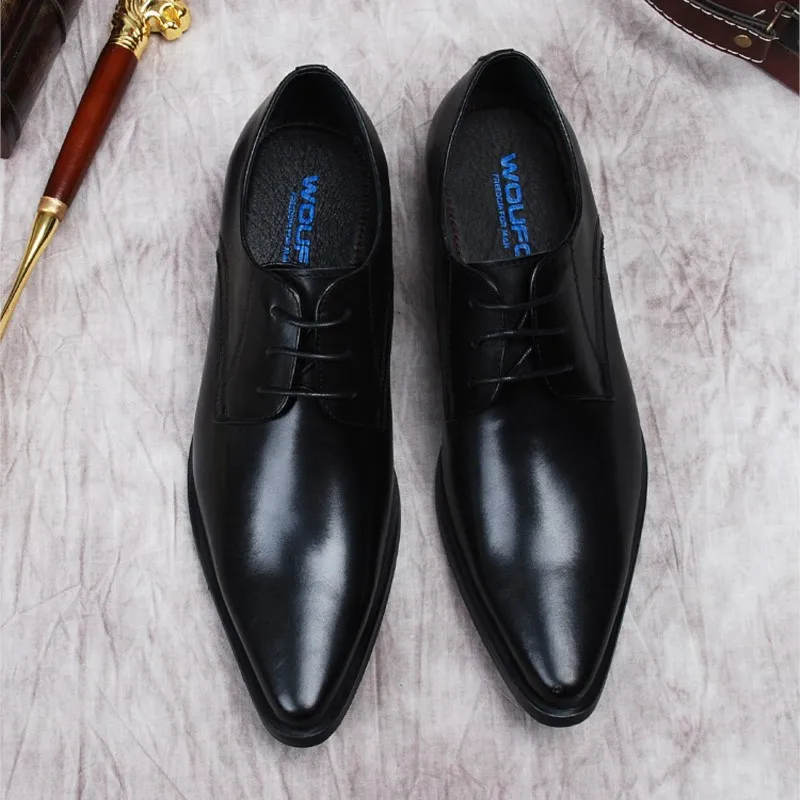 HKDQ Lace Up Paint Shoes Italian Mens Dress Shoe Genuine Leather Black oxfords Men Wedding Shoes Party Whole Cut Formal Shoe Men