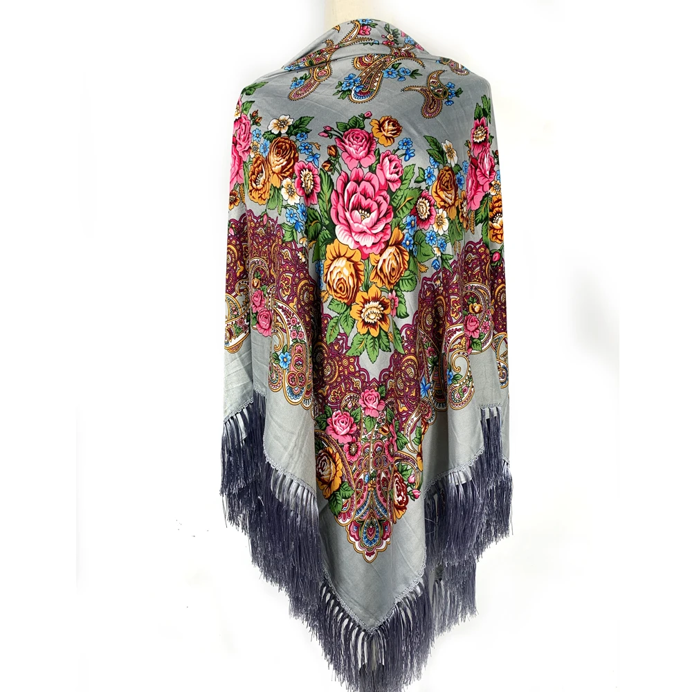 160*160CM Russian Women Square Scarf Retro Floral Print Bandana Ukrainian Shawl Babushka Handkerchief Blanket Fringed Shawls