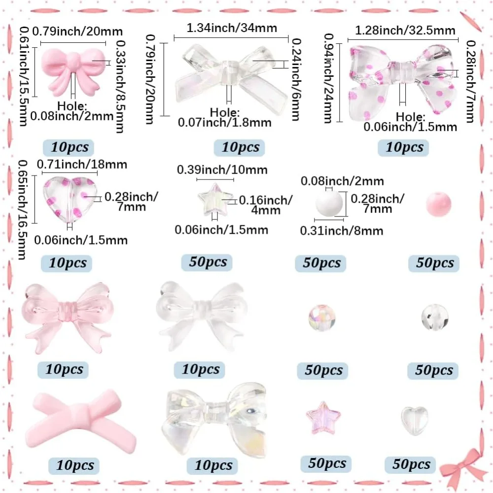 430Pcs 15 Styles Pink Bow Beads Cute Assorted Acrylic Beads Pink Transparent Plastic Geometric Heart Star Round Loose Spacers