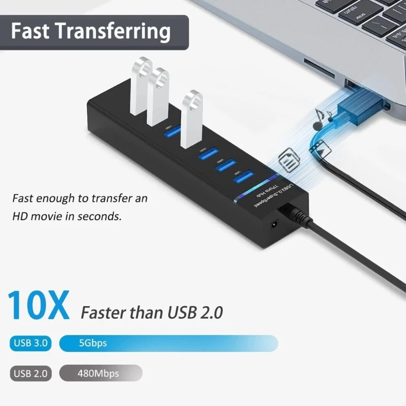 K43B USB3.0 Hub 7Port Highly Speed Data Transfer Adapter USB Expander for Multiple Devices with Plugs and Play Compatibility