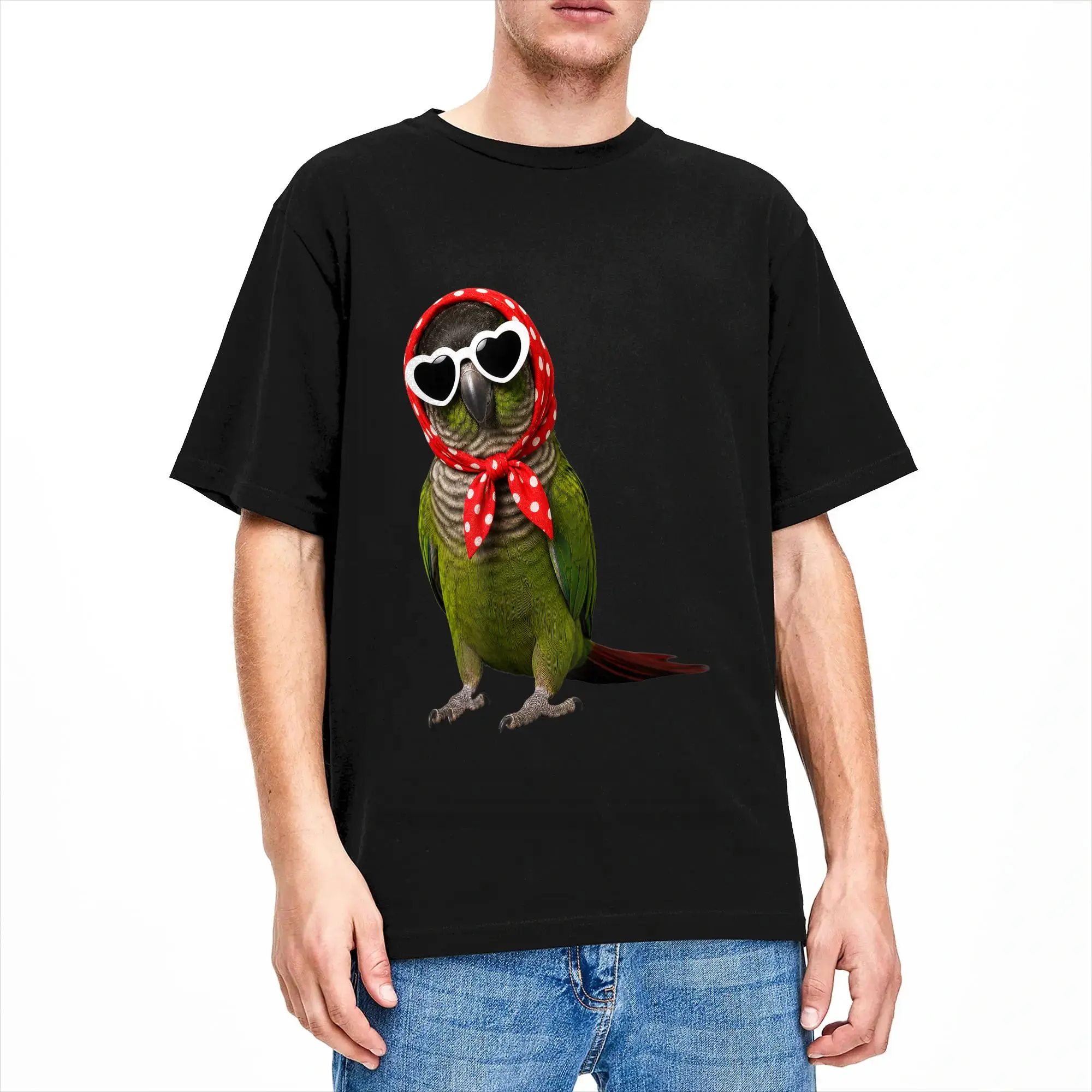 Men's Cute Green Cheek Conure Lover Heart Sunglasses Parrot T Shirt Cotton Clothing Casual Short Sleeve Tees Plus Size T-Shirts