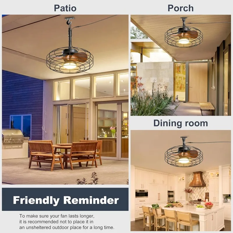 Plug and Play Outdoor Ceiling Fans with Lights, 20''Fan Remote/APP Control, Dimmable Hanging Fan for Patio Pergola, Wood Color