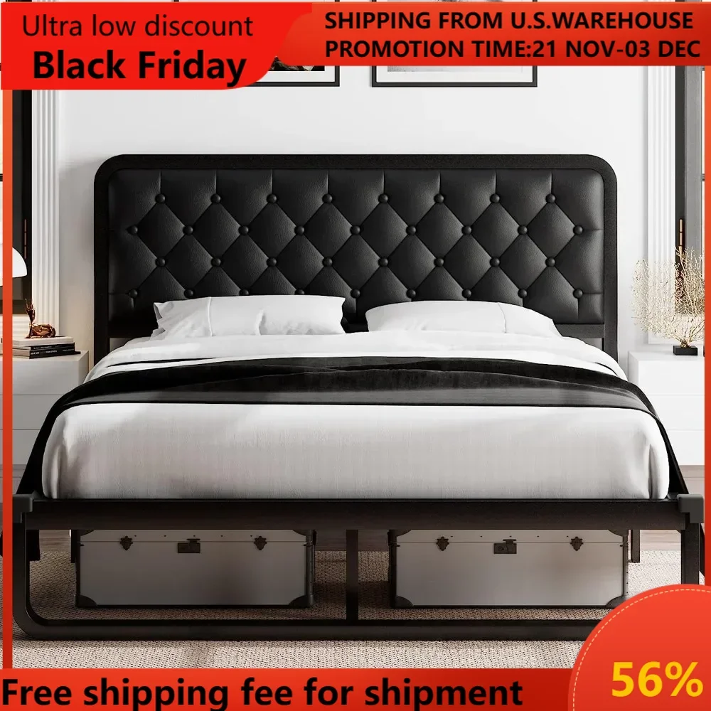 

Bed frame, Upholstered Platform Bed Frame, with heavy duty steel slats, diamond tufted headboard