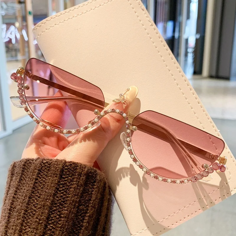 

y2k винтажные полурамные солнцезащитные очки «кошачий глаз» женские роскошные брендовые дизайнерские солнцезащитные очки в стиле панк популярные металлические очки с бриллиантами UV400