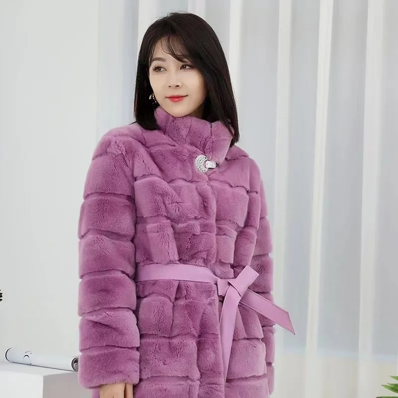 Women Winter Real Rabbit Fur Coat Striped Fashion Long Sleeve Warm Fluffy Genuine Fur Jacket Female Outwear