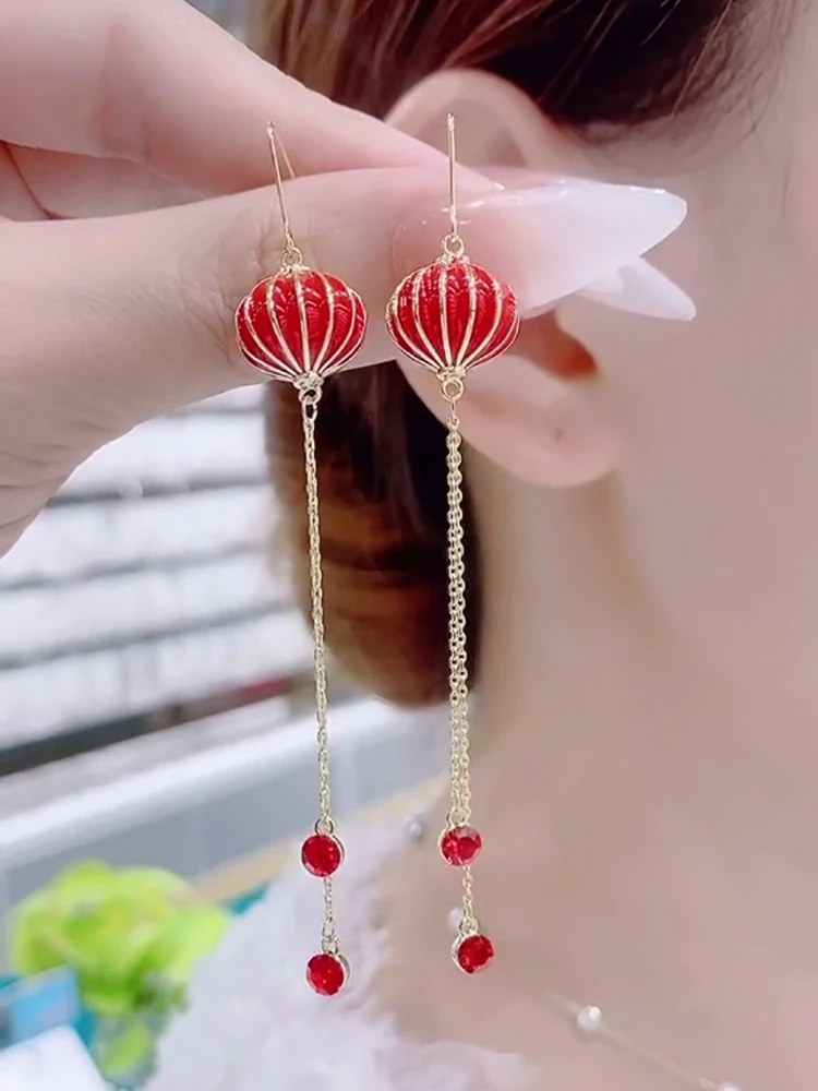 Red lantern earrings with tassel earrings