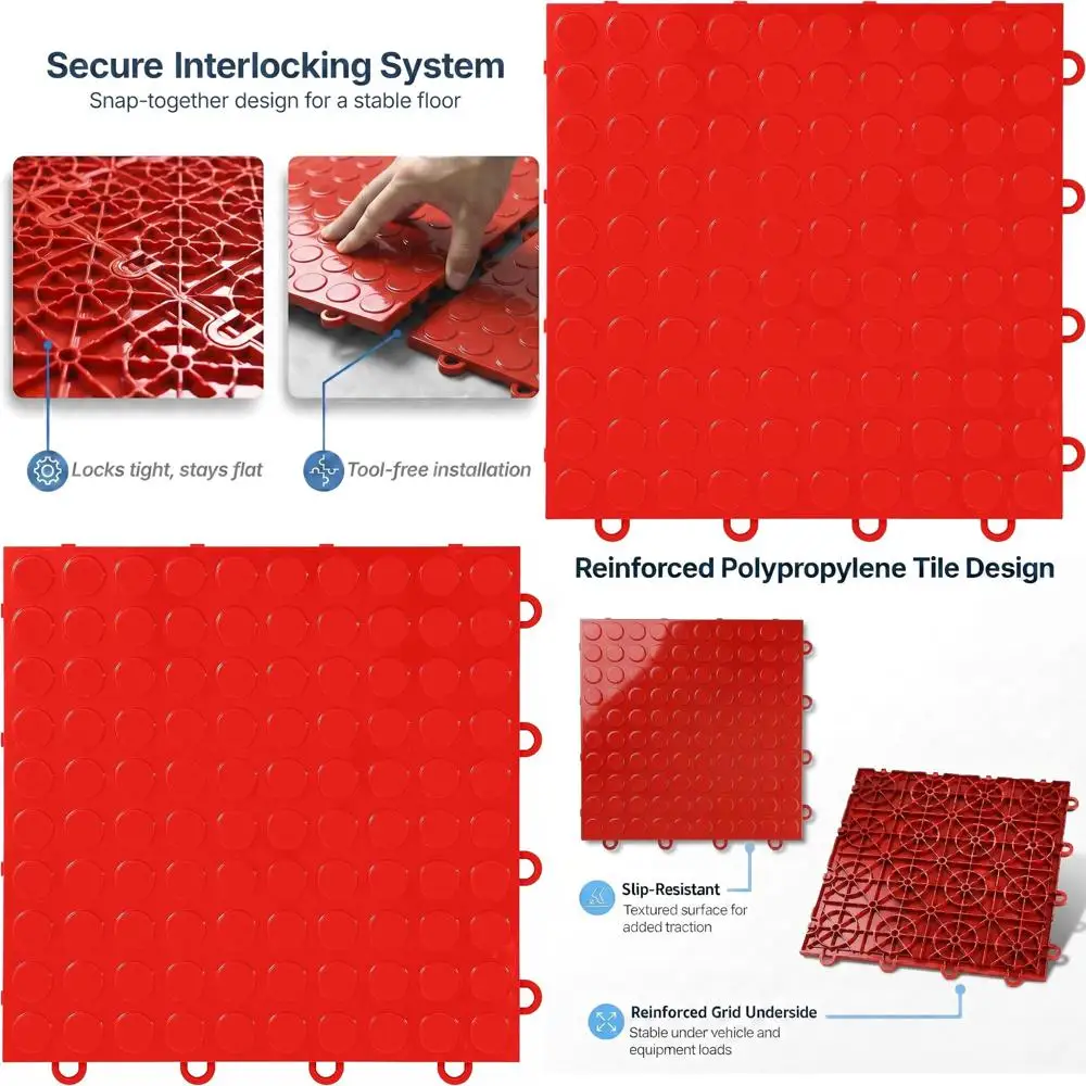 

Напольные плитки для гаража 12x12 дюймов, усиленные, с монетным узором, из полипропилена, нескользящие, красные, 52 штуки, 52 кв. фута/нм²