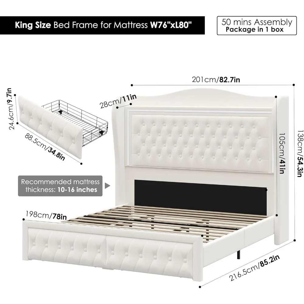 King Bed Frame with LED Lights, Buttons Tufted Velvet Upholstered Platform Bed Frame with 2 Storage Drawers, Storage Bed King