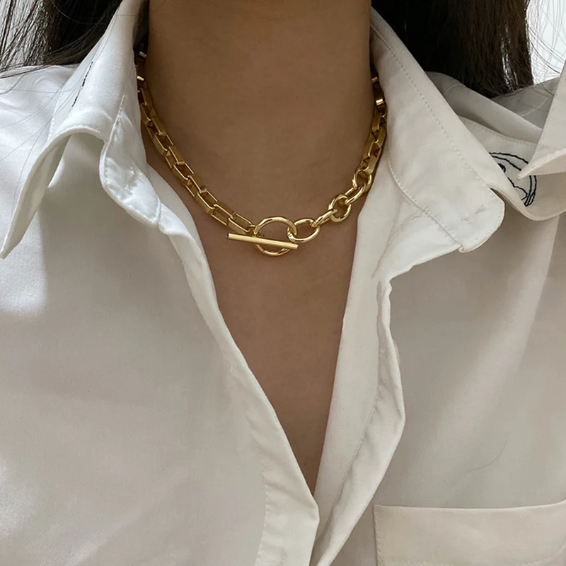 Peri\'sBox Box Chain Toggle Clasp Gold Color Necklaces Mixed Linked Circle Necklaces for Women Minimalist Choker Necklace Jewelry