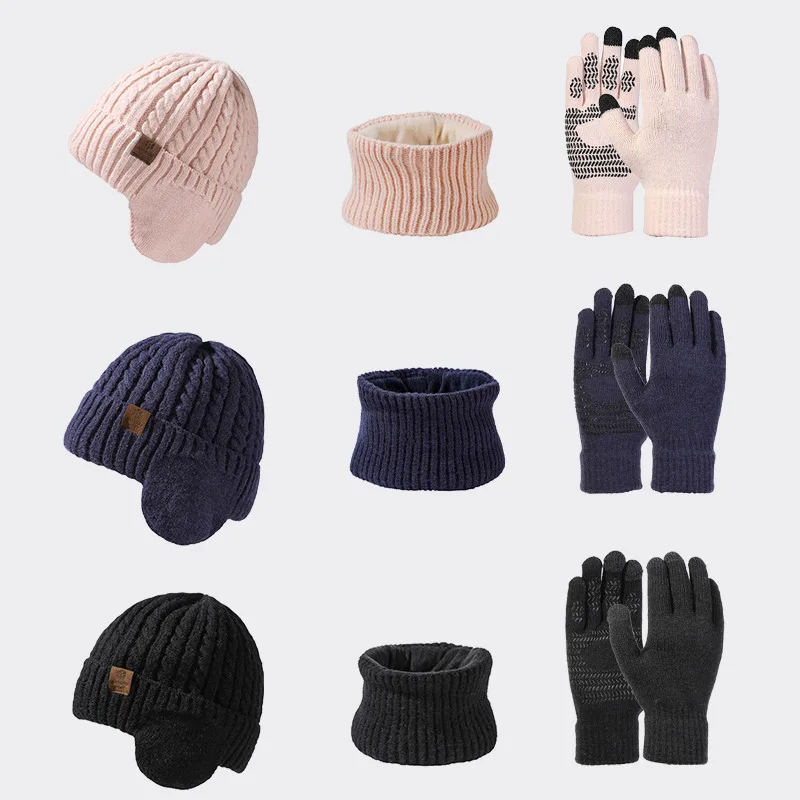 3Pcs Winter Plush Scarf Hat Gloves for Women Men Ear Protection Knitted Beanies Touch Screen Glove Warm Neck Scarves Woolen Suit