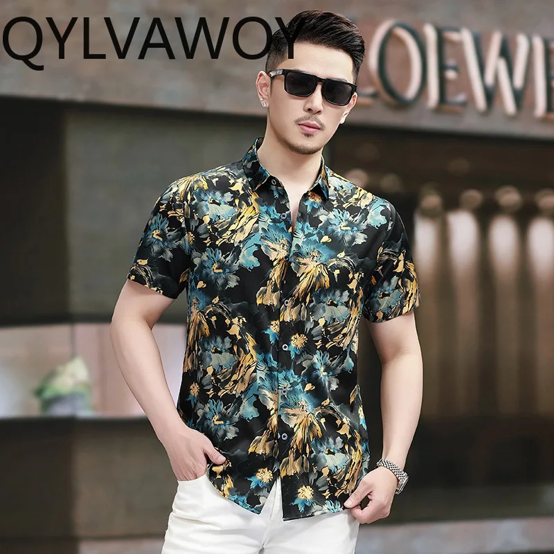 QYLVAWOY 92.5% Real Mulberry Silk Men's Shirts Hawaiian Shirt Man Vacation Shirts for Man Summer Tops Short Sleeve Vintage Shirt