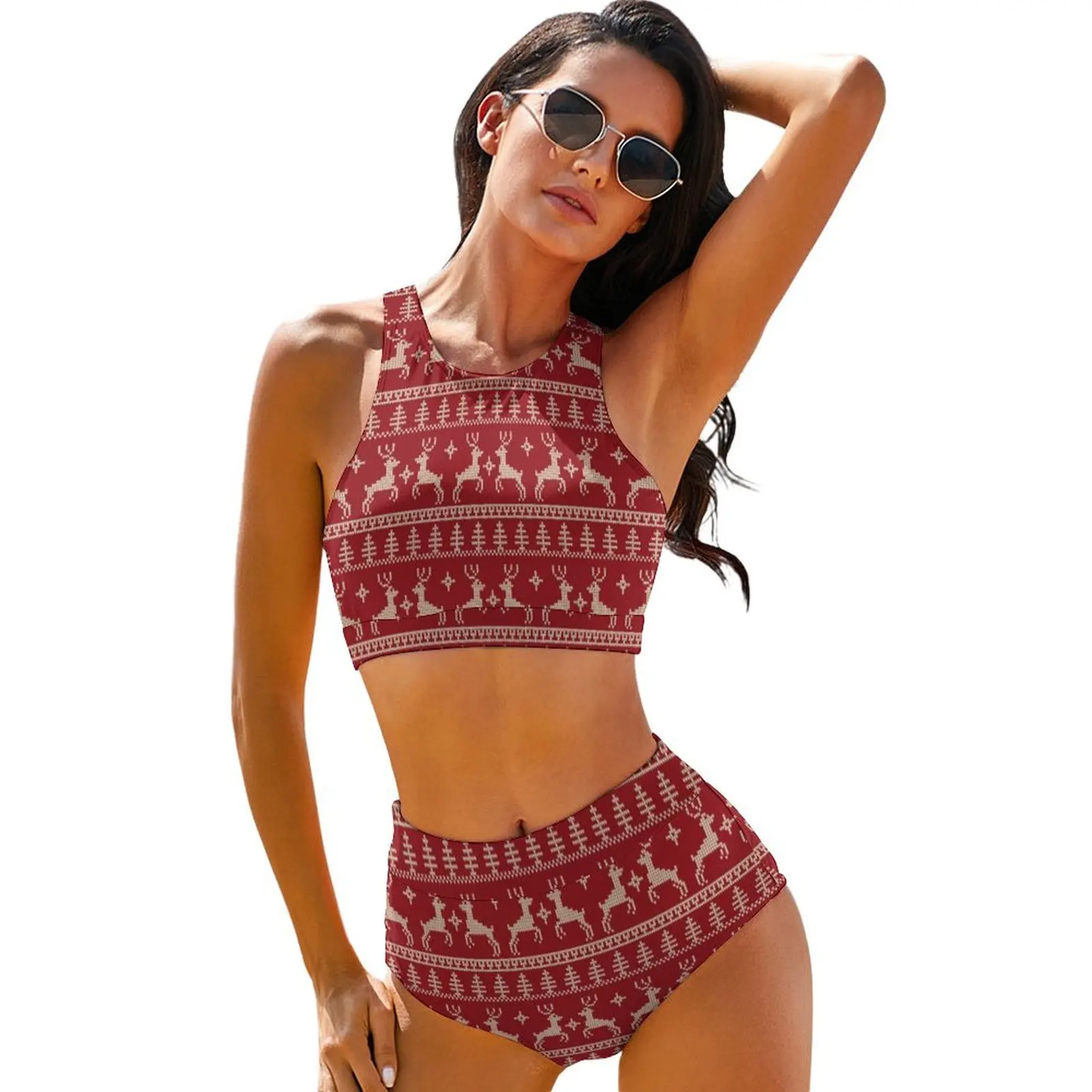 

Sexy Christmas Nordic Animal Bikini Set Fair Isle Red Deer Funny Bikini Swimsuit High Waist Swimwear Surfing Feminine Bikinis