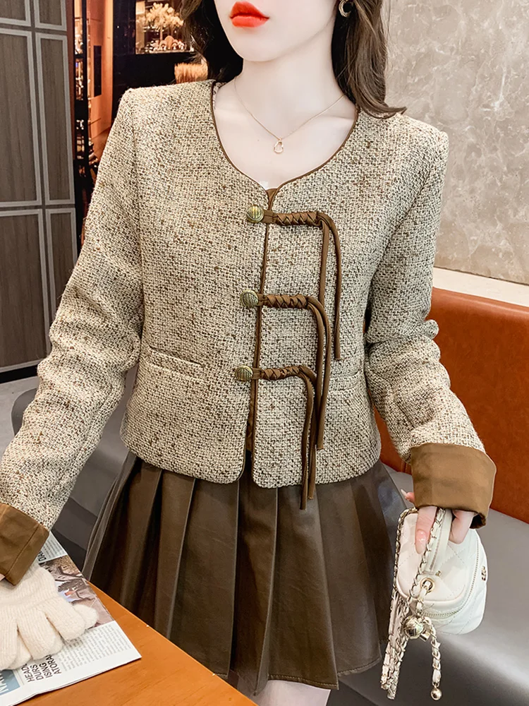 Nieuwe Chinese Sle-jas voor dames, herfst-winter, nieuw, klein formaat, knoopvest, top, woon-werkverkeer, Sle, ronde hals, lange mouwen