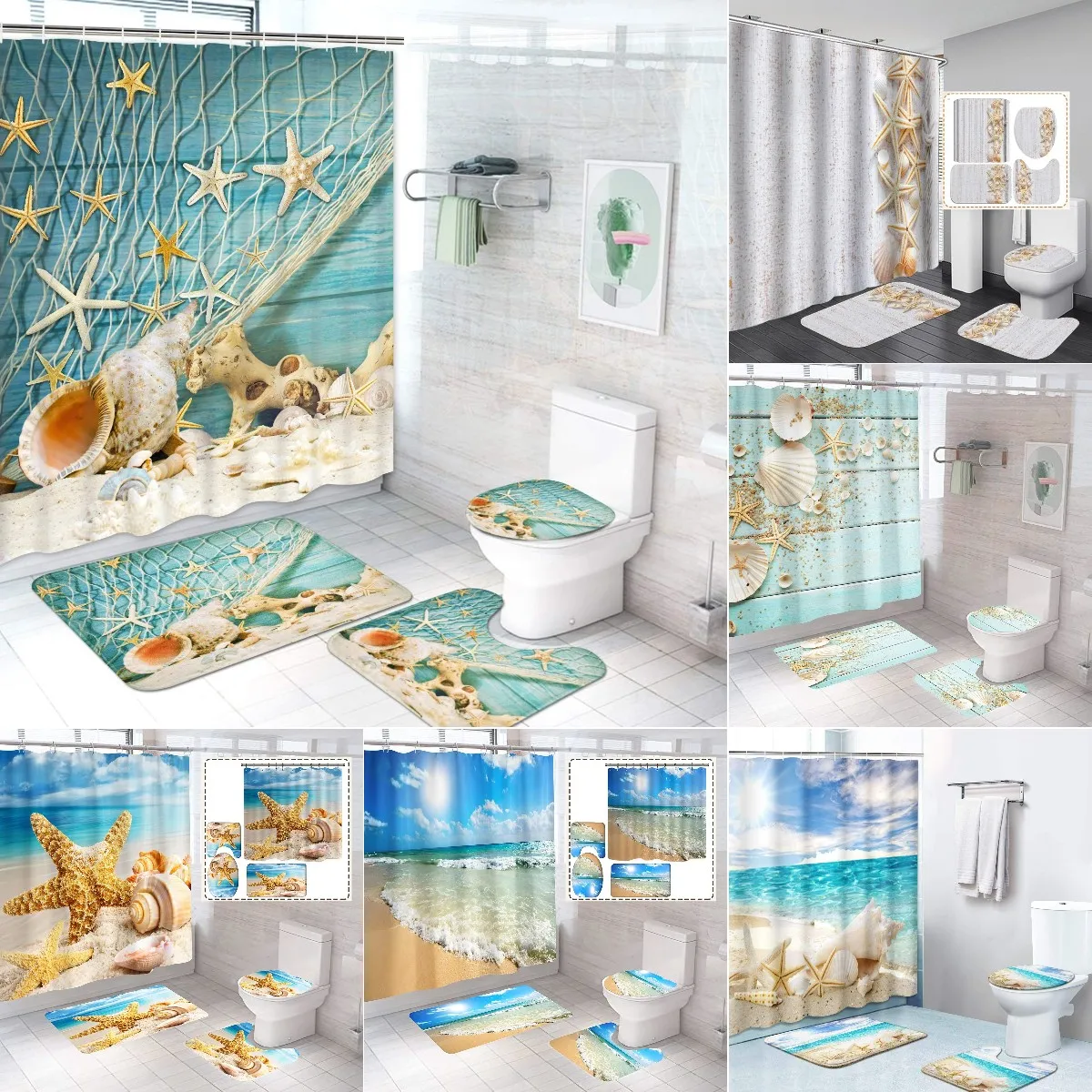 

High Quality Polyester Fabric Shower Curtain Beach Shell Starfish Bathroom Curtain Anti-skid Rugs Toilet Lid Cover Bath Mat 4pcs