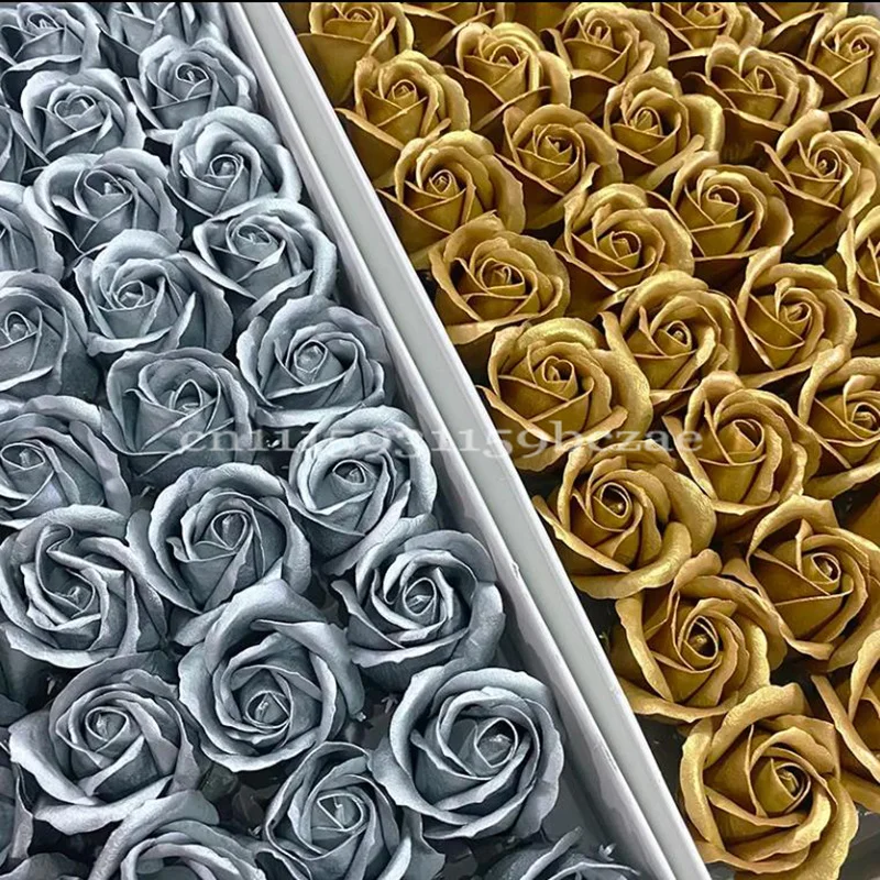 50 Stück Gold- und Silberfarbene 3-lagige Ewige Rosen, Künstliche Blütenköpfe für Hochzeitssträuße, Valentinstagsgeschenkbox, Heim- und Partydekoration – Detail 3