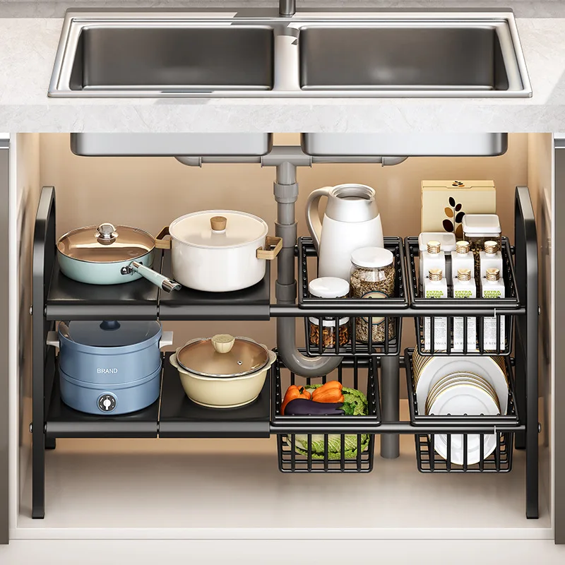 Kitchen Under Sink Adjustable Dish Rack 2 Tiers Multifunctional Pots Pans Cookware Storage Rack Kitchen Counter Cabinet Basket