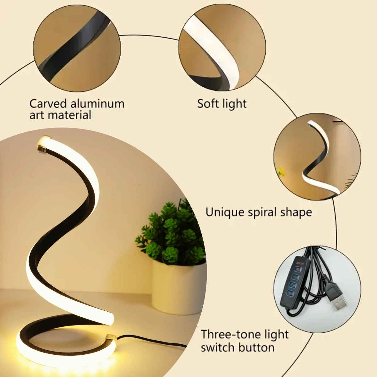 مصباح مكتبي حلزوني LED حديث بثلاثة ألوان يعتم USB زر الطاقة مفتاح غرفة النوم بجانب السرير دراسة ديكور المنزل مصباح مكتبي
