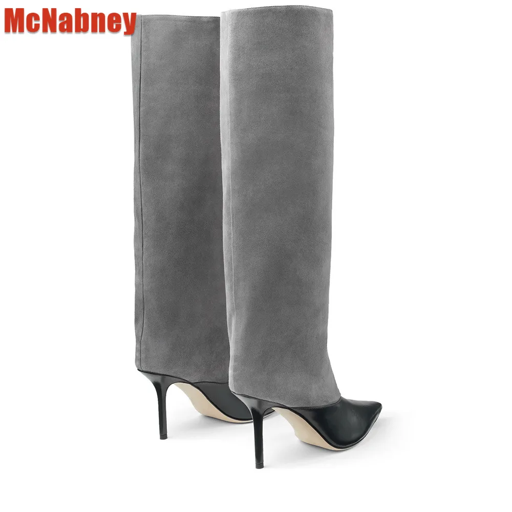 

2023 Women's Pu High Heels Pointy Toe Stiletto Mid Knee Boots Women's New Winter Fashion Thigh High Suede Pumps Sexy Lady Shoes