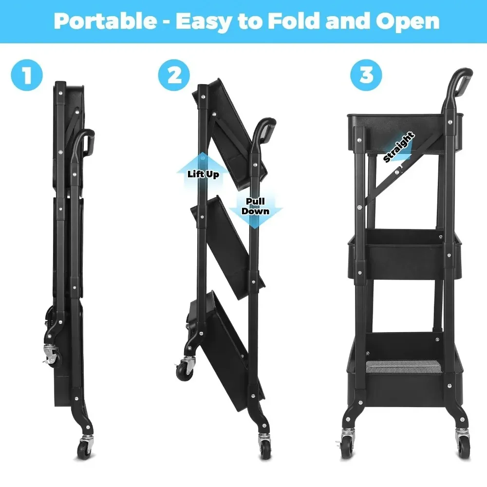 Estante de almacenamiento plegable con ruedas, carrito sin instalación, soporte multifunción para dormitorio, decoración, estante para aperitivos, estante de almacenamiento con carrito móvil