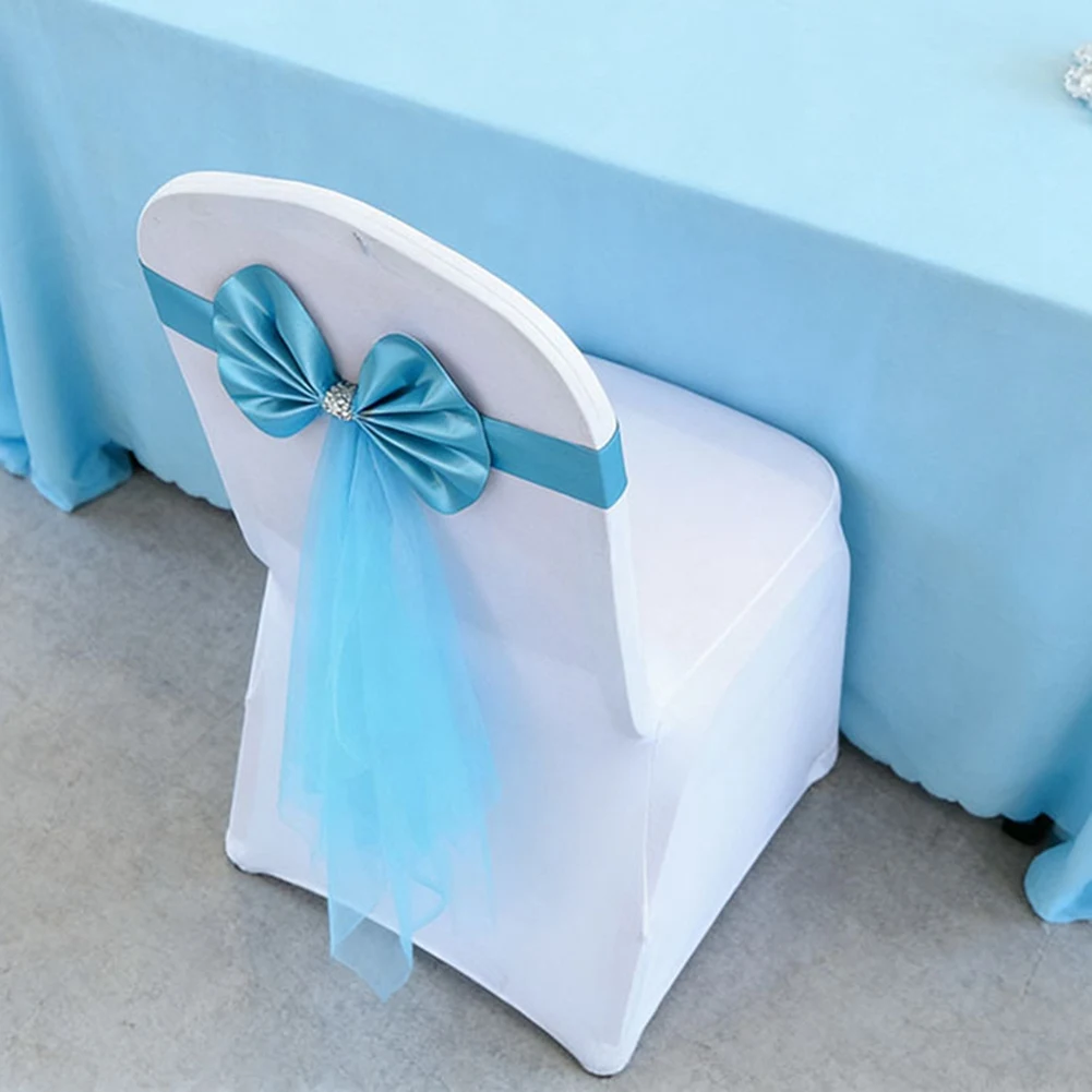 Multi-use Gear 15 Pcs Chair Sashes Tie Gauze Bodas Knot Cover Satin Ribbon Belt-Bow for Banquet Country Wedding Party Lake-Blue