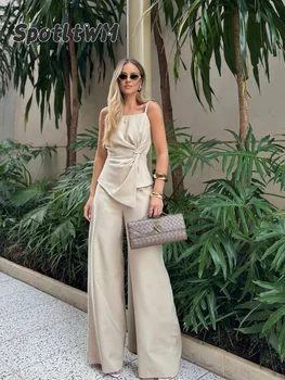 المرأة الصلبة أكمام حبال مطوي السراويل 2 قطعة مجموعة موضة سبليت بلوزات قصيرة عالية الخصر بنطال ذو قصة أرجل واسعة ملابس السيدات الجديدة