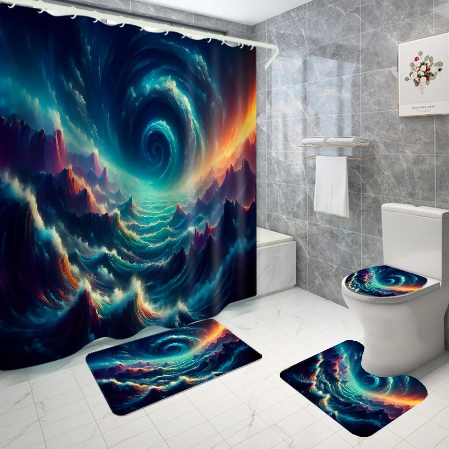 

4pc Home Bathtub Waterproof Shower Curtain 3D Printed Durable Polyester Fabric Four-Piece Vortex Auroral Vortex Set