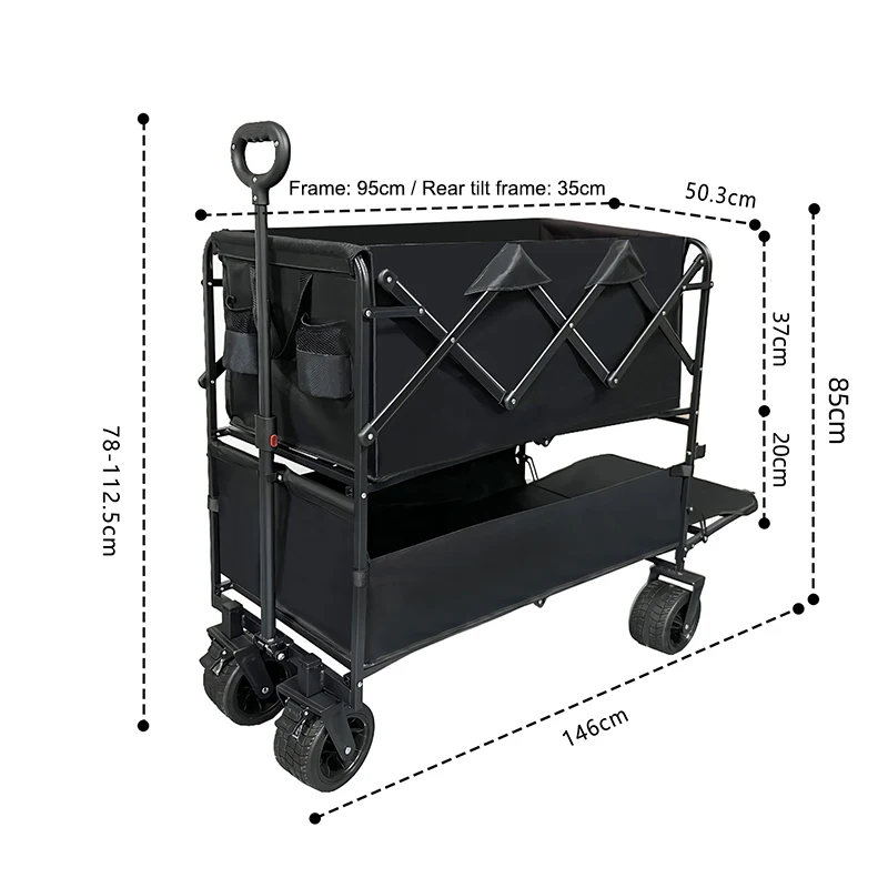 Adjustable Camping Double Decker Wagon Cart 250KG Heavy Duty Collapsible All Terrain Folding Wagon with Wide Wheels
