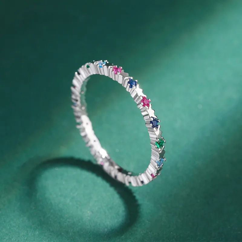 

925 Sterling Silver Round Colorful Cubic Zirconia Band Ring Women’s Fashion Personalized Jewelry