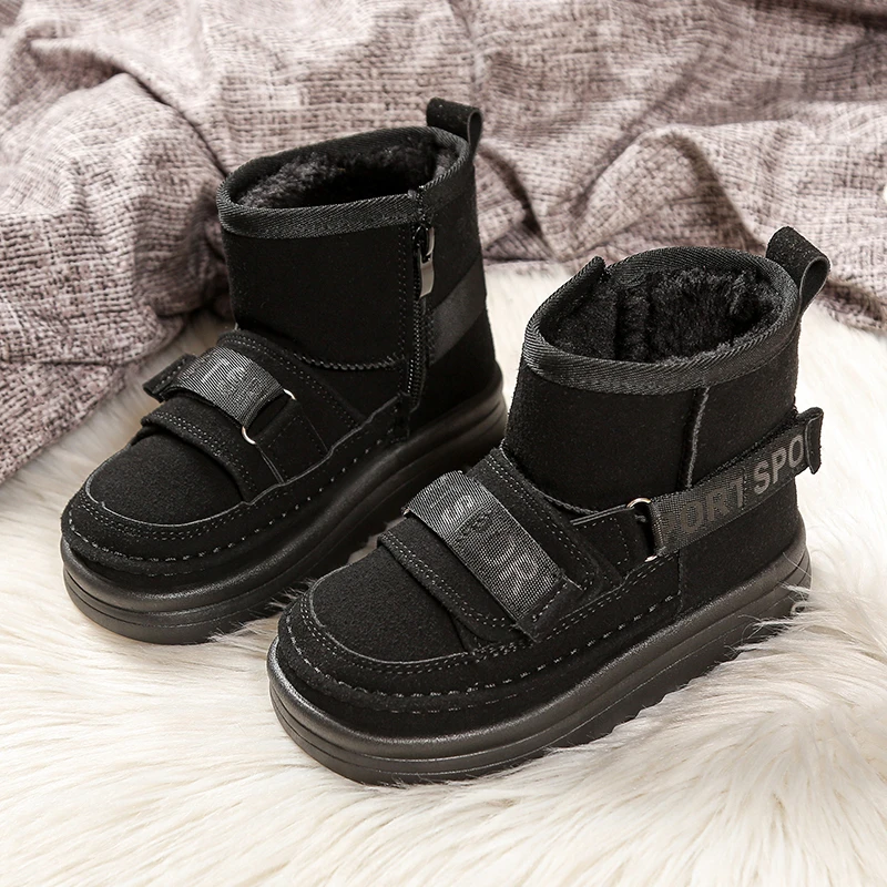 

PU Leather Snow Boots For Children Waterproof Thick Warm Boy's Girl's Plush Boots Anti-slippery Teenager Kid's Warm Cotton Shoes