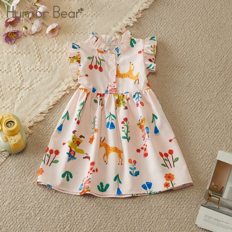 Humor Bear Girls Dress 2024 New Summer Style Cute Catoon Animal Print Casual Flying Sleeve Children's costume For 2-6 Y