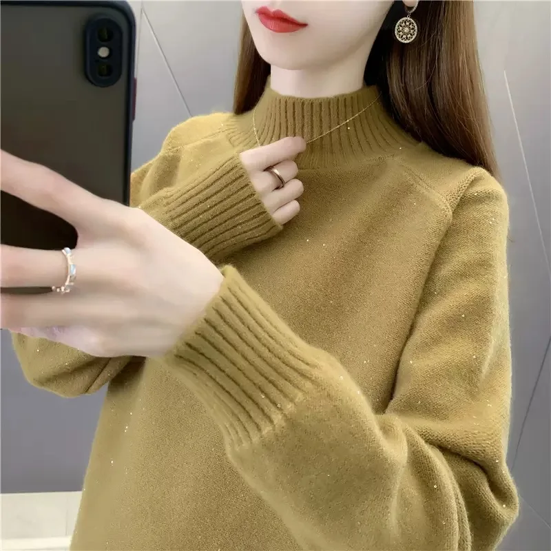 2024 Autumn/winter New Women's Knitted Sweater Inner Base Layer Semi-polo/turtle Neck Thickened Loose-fit Top For Clothing E2189