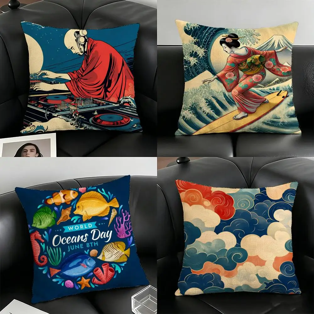 Marine Day Pillow Case Linen Pillow Covers Cover For Couch Living Room Bench Patio Floor Linen Home Decor