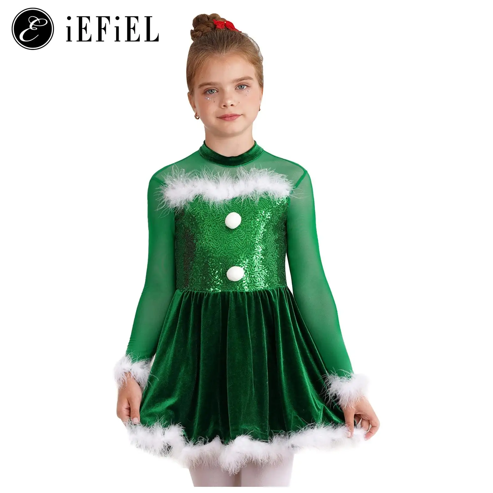 

Kids Girls Christmas Santa Claus Costume Long Sleeve Sequin Xmas Dance Tutu Dress Holiday New Year Stage Performance Costume