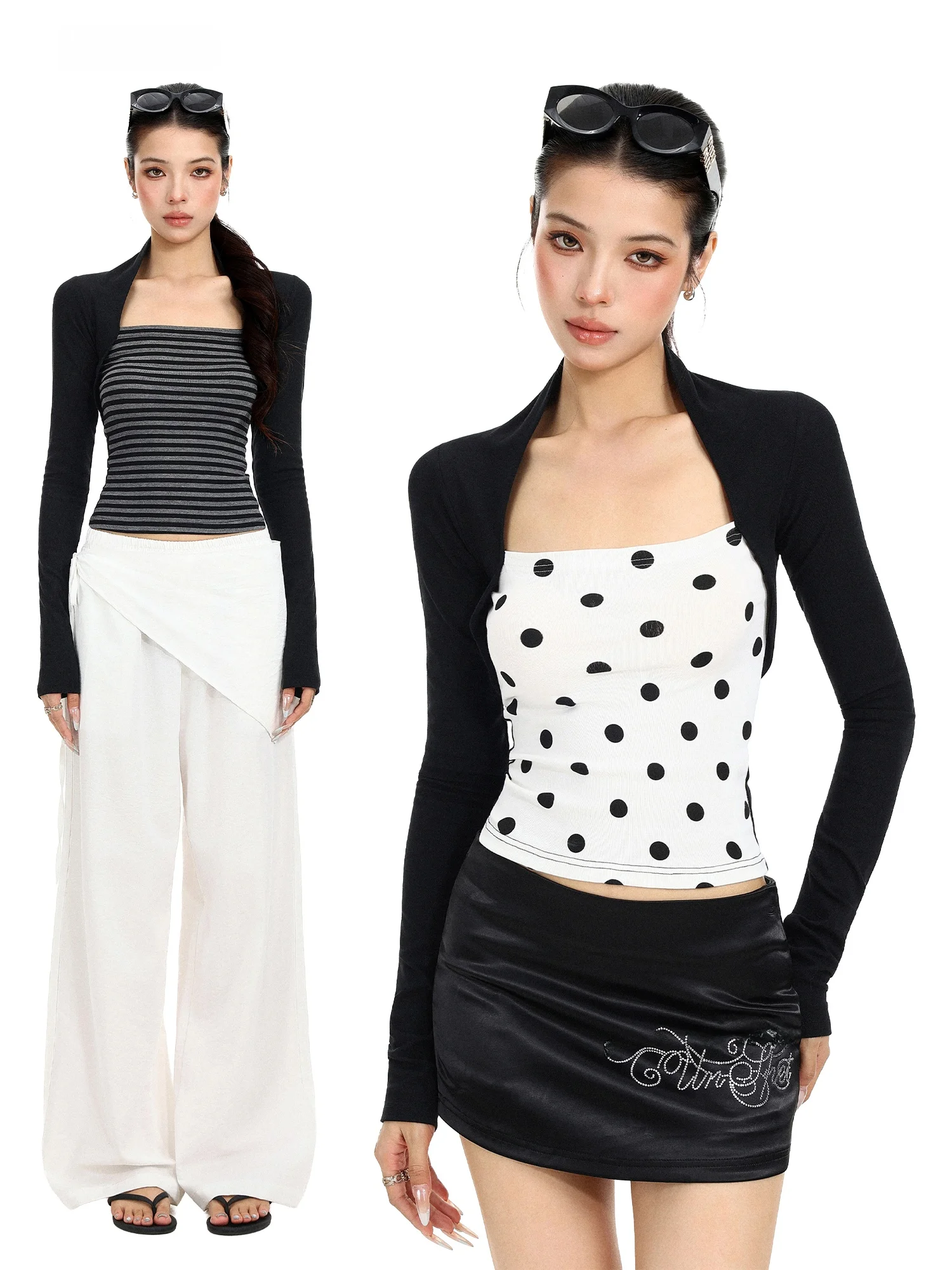 Korean Style Polka Dot Square Collar Long Sleeve T-Shirt Women's Initial Autumn Pure Desire Slimming Splice Fake Two-Piece ...