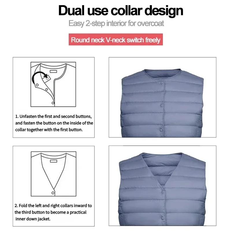 90 Piumino caldo leggero in piuma d'anatra bianca con gilet interno, design corto con scollo tondo/collo a V, fondo a canotta in tinta unita