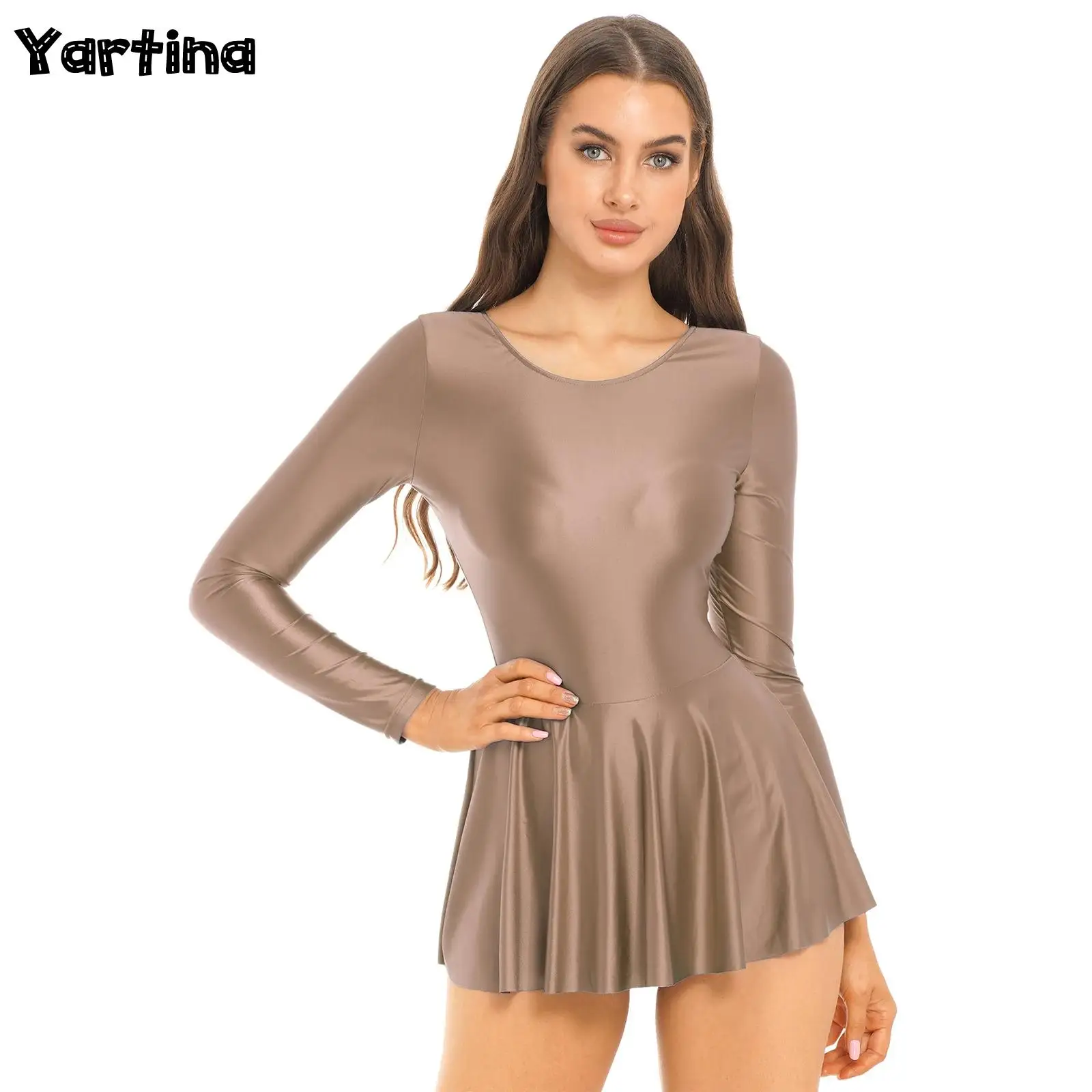 Womens Oil Glossy Long Sleeve Ruffled Bodycon Mini Dress Solid Color Shiny Tight Leotard Dresses Gymnastic Ballet Dance Dress