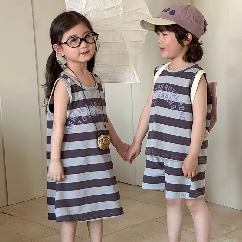 

MILANCEL New Spring Kids Sports Suit Children Color Blocked Stripes Clothes Set Girls Letter Vest Dress