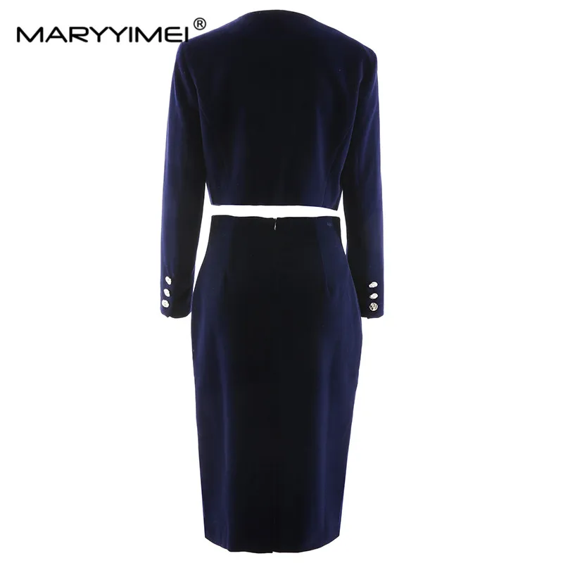 MARYYIMEI New Autumn Fashion High Quality Navy Blue Suit Double breasted Short Jacket+Hip Wrap Skirt Slim Party Two Pieces Set