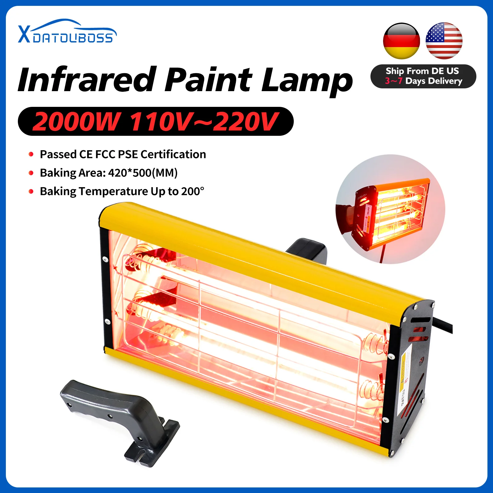 

DATOU Infrared Paint Curing Lamp 2000W Shortwave Infrared Heat Lamp Paint Booth Paint Drying Light IR Lamp for Car Body Repair