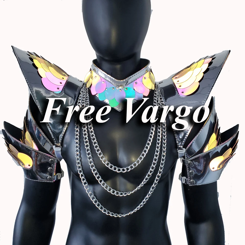 

Burning Man Holographic Rave Silver Edge Reflective Dragon Scale Armor with Chain, Rave EDM Feastival Outfits Costume Wear