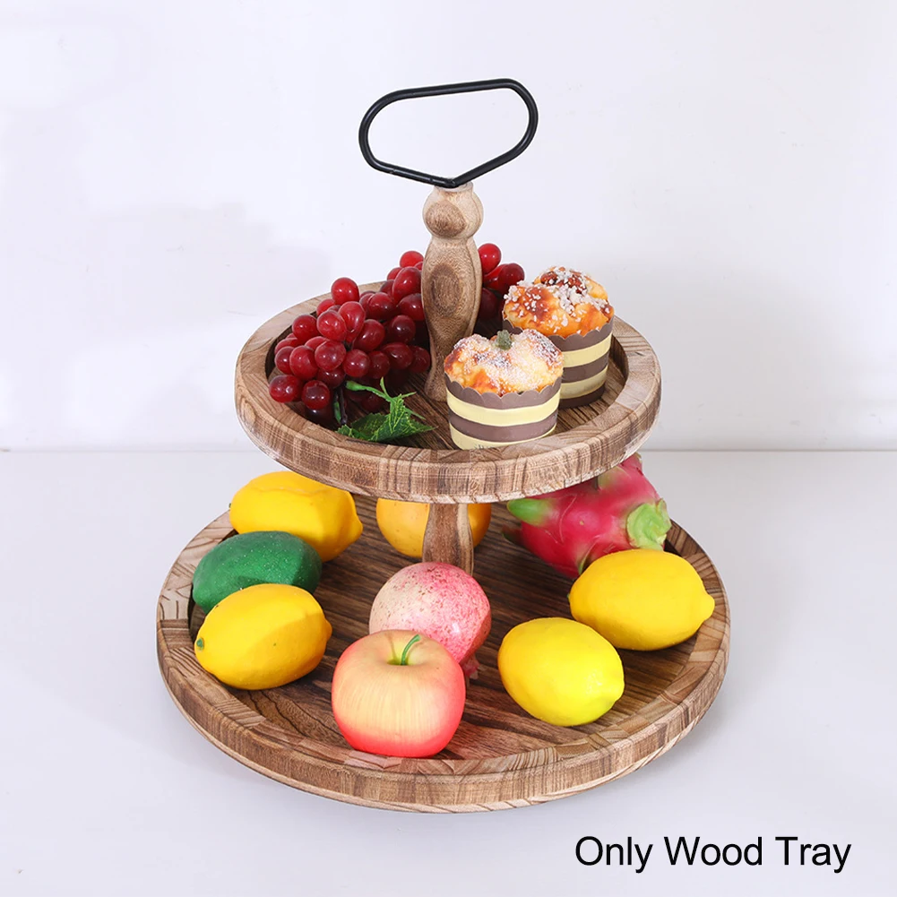 Easy Clean Decorative Organizer Fruit Plate  with Metal Handle Wood Two Tier Tray Multifunction Coffee Tea Dining Room Kitchen