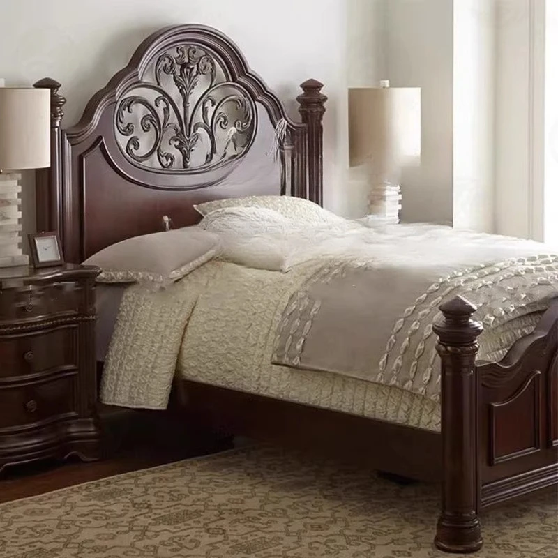 

Village solid wood carving flower high backrest double bed, French model room modern master bedroom 1.8 meters wedding bed