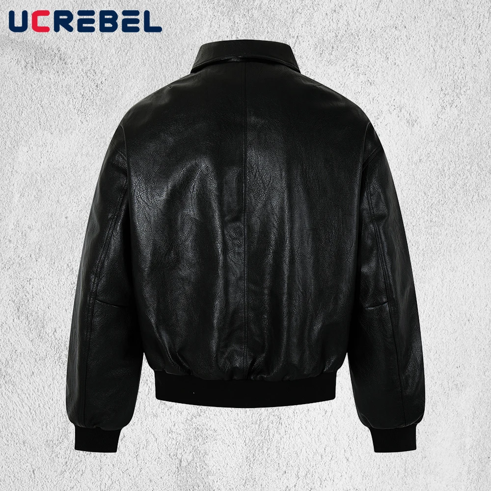Solid Color PU Leather Jacket Mens Autumn Winter Retro High Street Lapel Long Sleeve Motorcycle Quilted Jacket Man