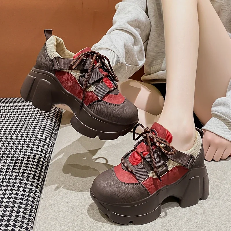 Single Shoe Women Spring Autumn Mixed color Thick Leather Heightened Thick Sole Lace-up Retro Oxford Shoes Women Casual Shoes