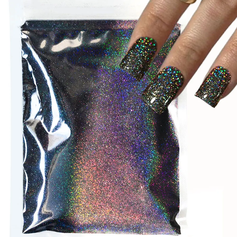 10g Laserowy holograficzny cukrowy proszek do paznokci 0,2 mm Czarny biały pigment Sweter Płatki śniegu Zimowy brokat do paznokci Pył Cukier do paznokci Powd